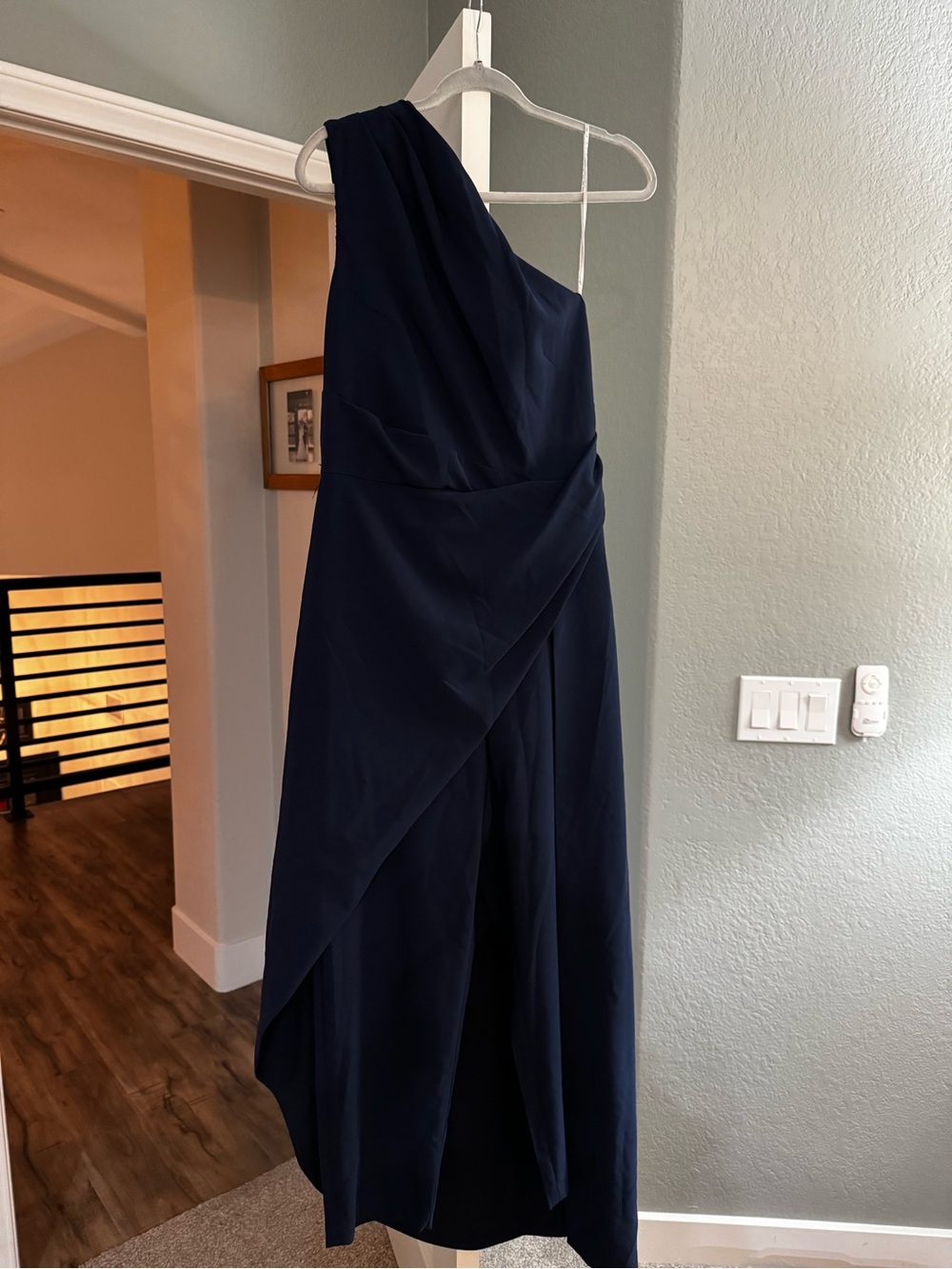 Kay Unger One-Shoulder Navy Draped Evening Dress